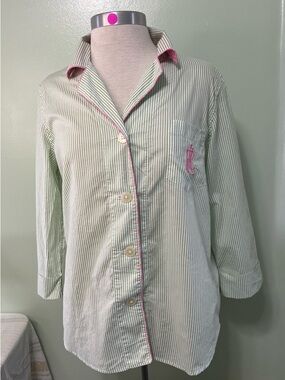 Lauren Ralph Lauren Green  Stripe Button-Up Pajama Top with Pink Trim 100%Cotton